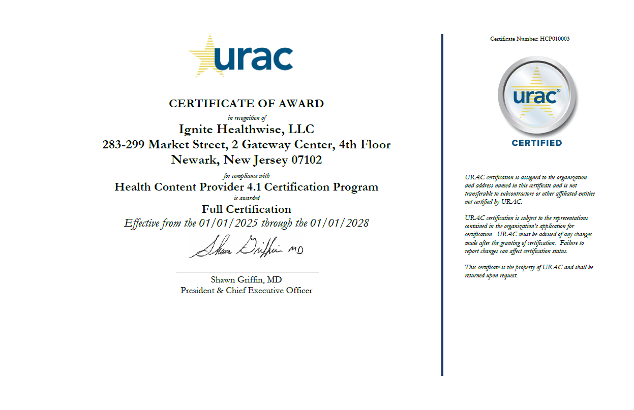 Thumbnail of the Ignite Healthwise, LLC Health Content Provider 4.1 Accreditation certificate