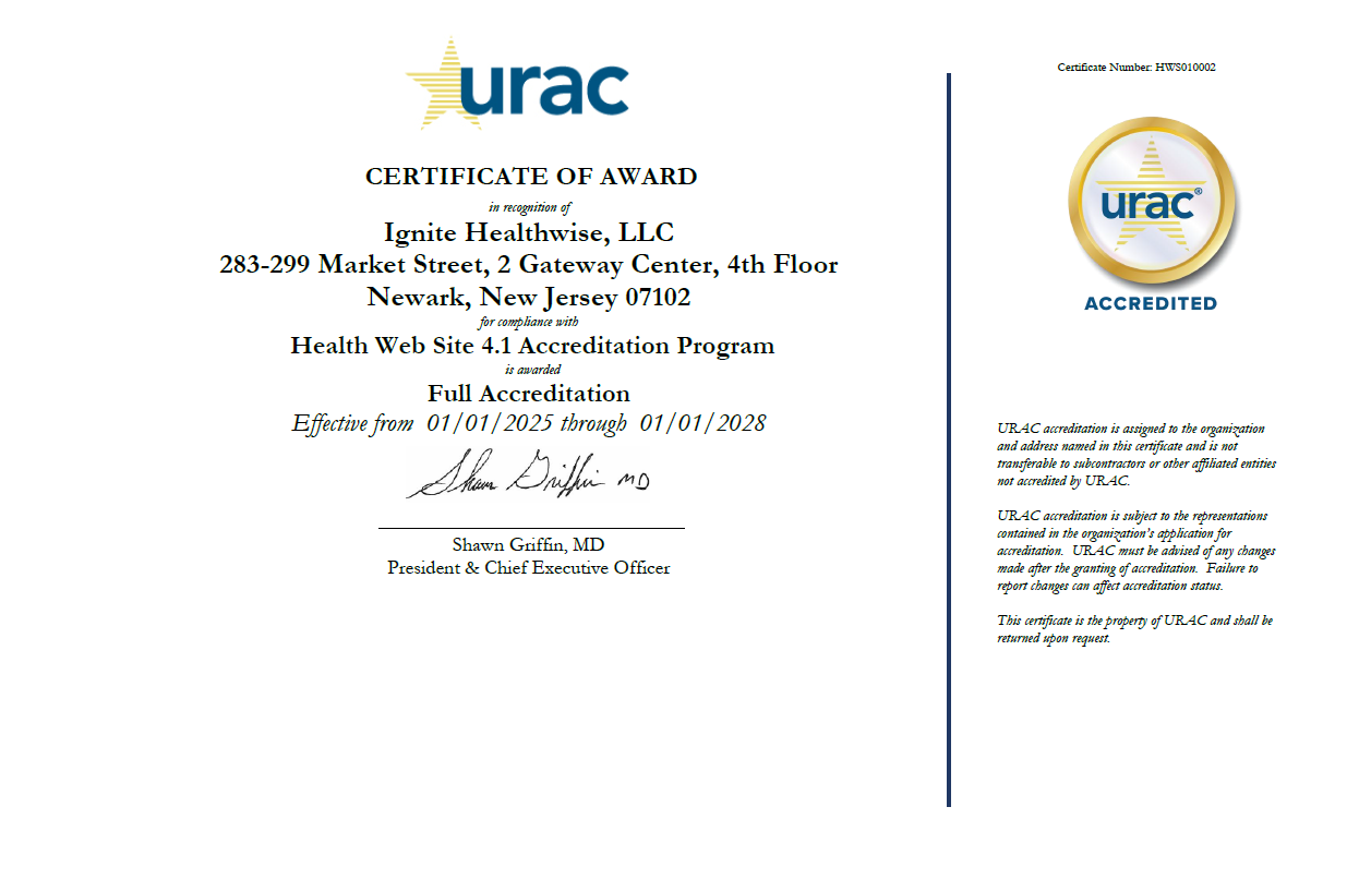 Thumbnail of the Ignite Healthwise, LLC Health Web Site 4.1 Accreditation certificate