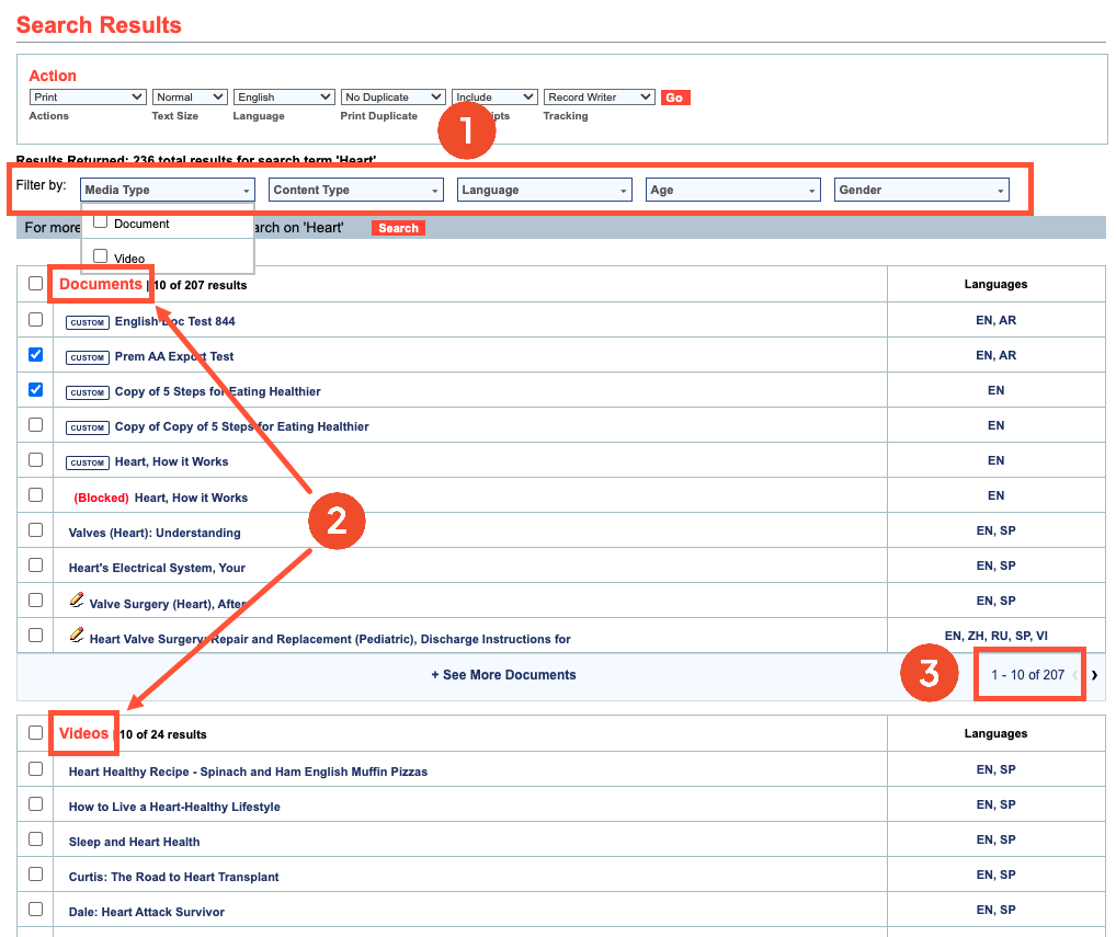 Screenshot of a sample Search Results page with several callouts: Callout 1 highlights the filters above the search results; Callout 2 highlights the group titles of the search results 'Documents' and 'Videos'; and Callout 3 highlights the pagination below the list of Documents.