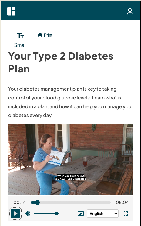 Screenshot an Epic My Chart content page in mobile view, with mobile-friendly dimensions and controls on a sample embedded video