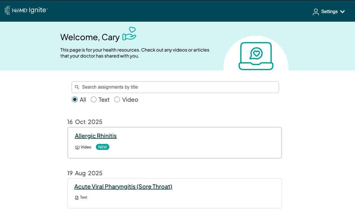 Screenshot of the new Epic My Chart landing page
