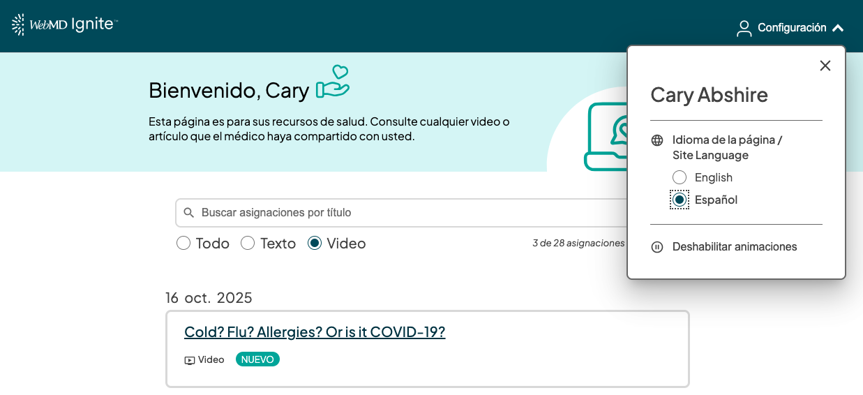 Screenshot of the new Epic My Chart landing page; showing Spanish text in the salutation, page content and profile menu