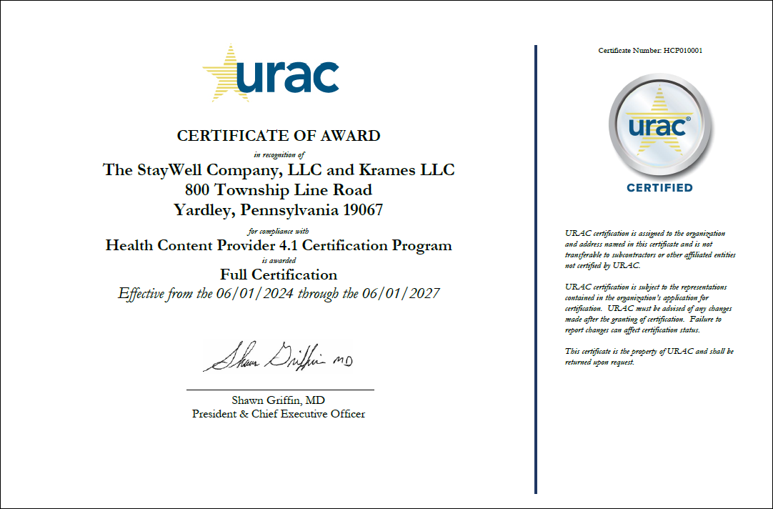 Thumbnail of URAC Health Content Provider certification for StayWell and Krames