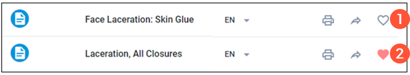 Screenshot of sample items. One displays a filled in heart icon, indicating it has been marked as a Favorite. The other displays an empty heart icon, indicating it has not been selected as a favorite.