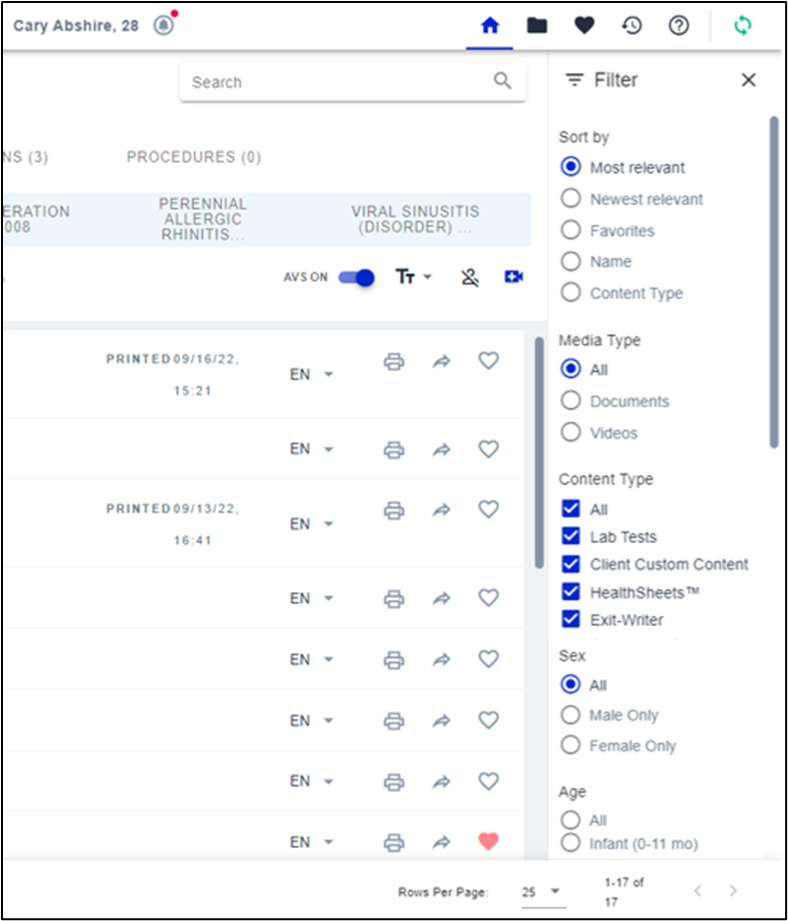 Screenshot of a sample expanded Filter pane. In the pane, there are options grouped by 'Sort by', 'Media type', 'Content type', 'Sex', and 'Age' displayed.