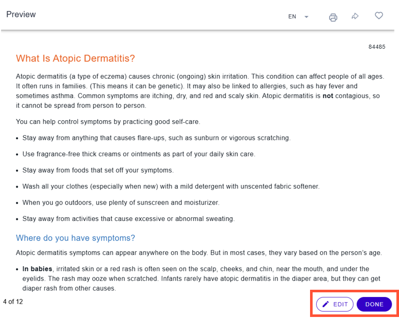 Screenshot of a sample article preview. In the bottom left, the 'EDIT' and 'DONE' buttons are highlighted.