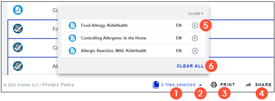 Screenshot of the multiselect print options with numbered callouts over the various available controls.