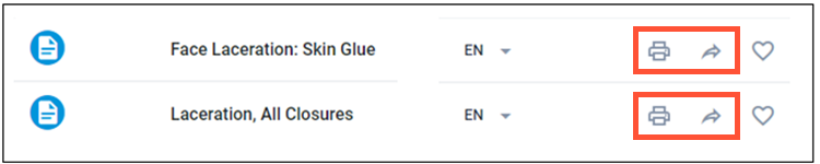Screenshot of sample documents in a list. The Print and Share icons are highlighted. The Print icon is a small desktop printer, and the Share icon is an arrow arcing toward the right.