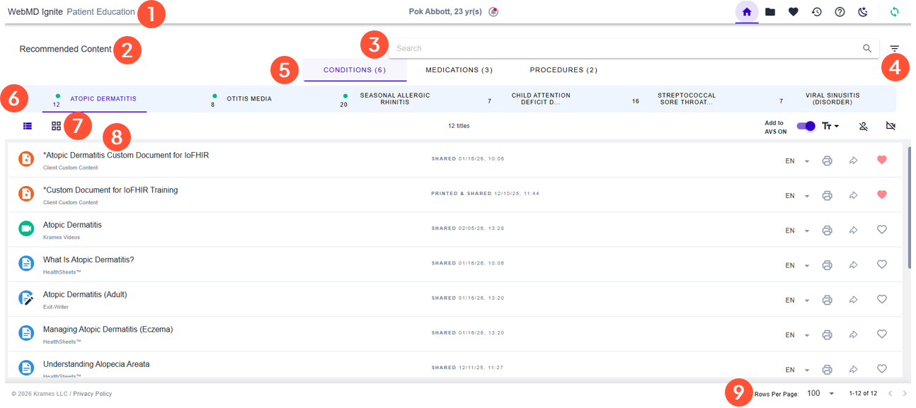 Screenshot of a sample Recommended Content page with numbered callout icons on various features of the page.