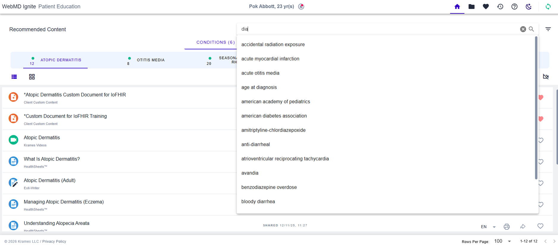 Screenshot of a sample instance of Ignite on FHIR. The search bar has a partial search term 'dia' entered. The autocomplete results are displayed and all include 'dia' in the term. Some examples are 'accidental radiation exposure' and 'acute myocardial infarction'.