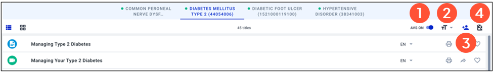 Screenshot of a sample document screen with the share options highlighted with numbered callout icons.