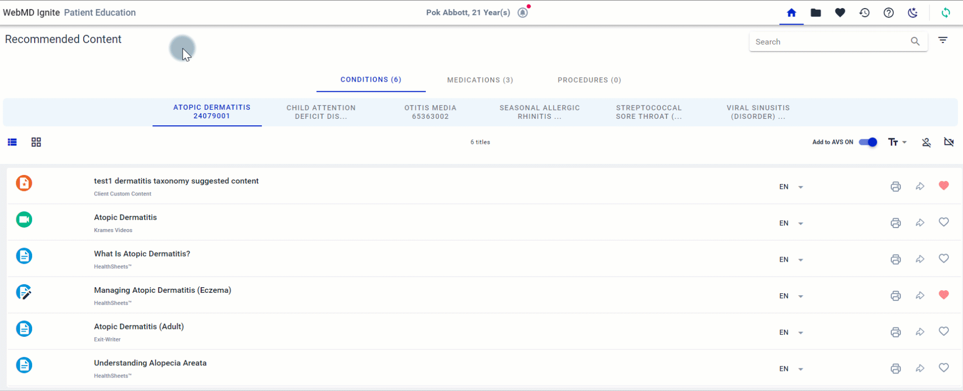 Demonstration of clicking through the main tabs in Ignite on FHIR: Conditions, Medications, and Procedures.