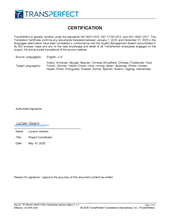 Thumbnail of the TransPerfect translation certification letter.